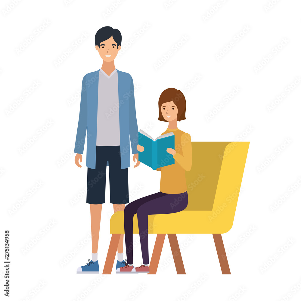 couple sitting on chair with book in hands couple sitting on chair with book in hands
