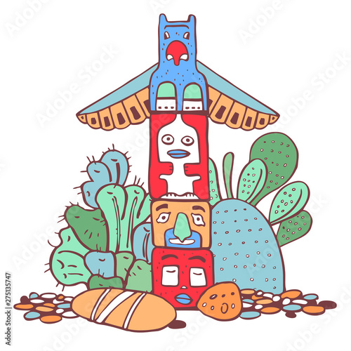 Native American totem pole, stones and cactuses. Color vector hand drawn outline doodle sketch illustration