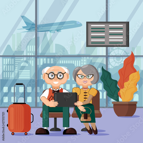 Mature couple waiting for their flight at the airport. Outside the window, the plane takes off