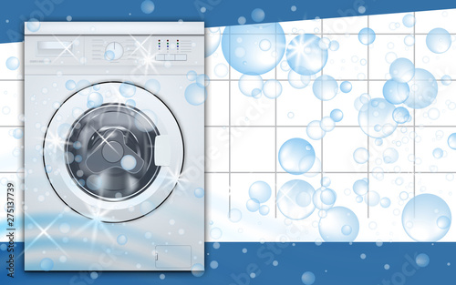 Washing machine front loading in empty laundry room background with soap bubbles. Front view, close-up, closed door. 3d realistic vector