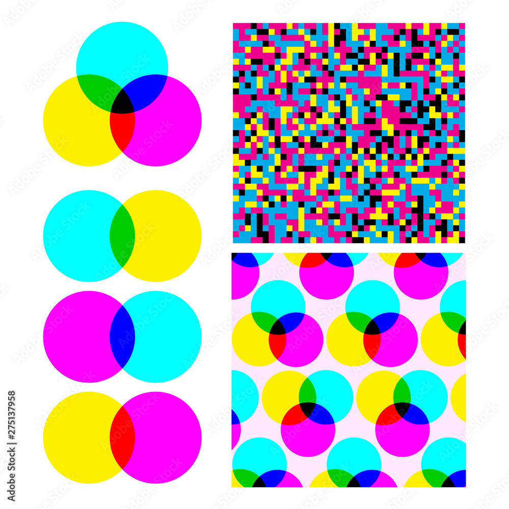 Cmyk Subtractive Mixed Color Model Set Vector. Cmyk Used To Describe Printing Process. Paint Colorful Pixel And Circle Creativity Concept. Design Variation Spectrum Flat Cartoon Illustration