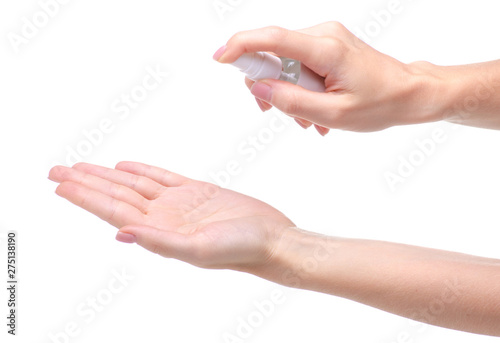 Antibacterial spray for hands antiseptic on white background isolation