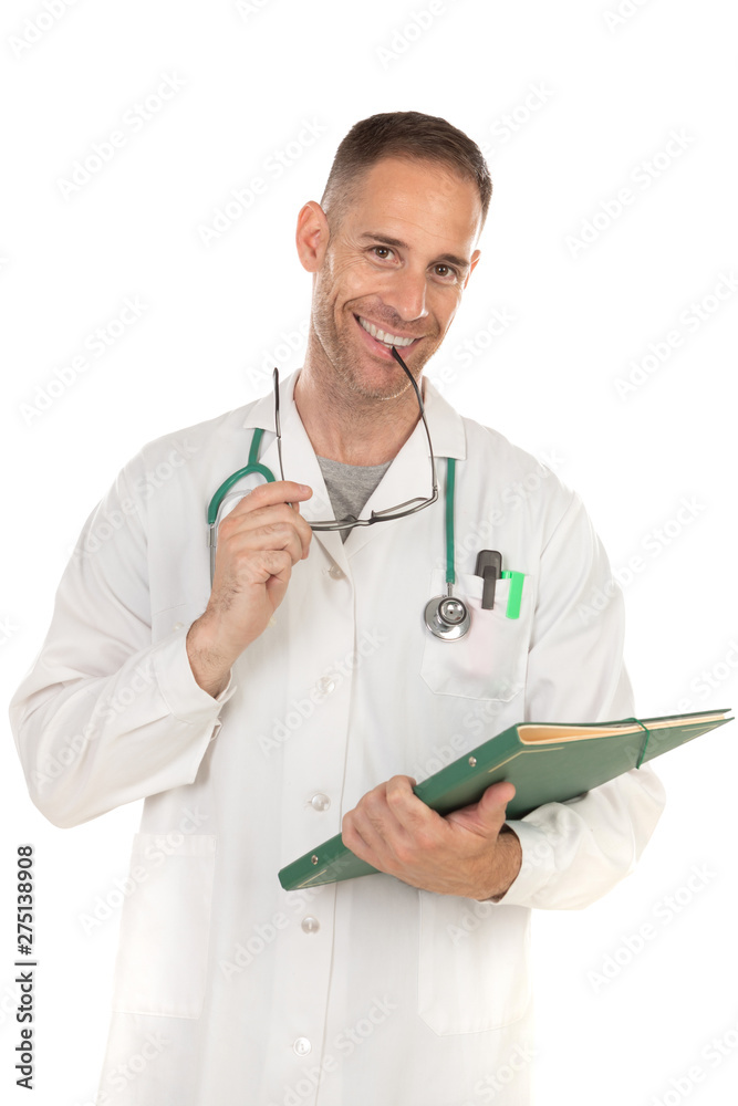 Handsome doctor with glasses holding documents Handsome doctor with glasses holding documents
