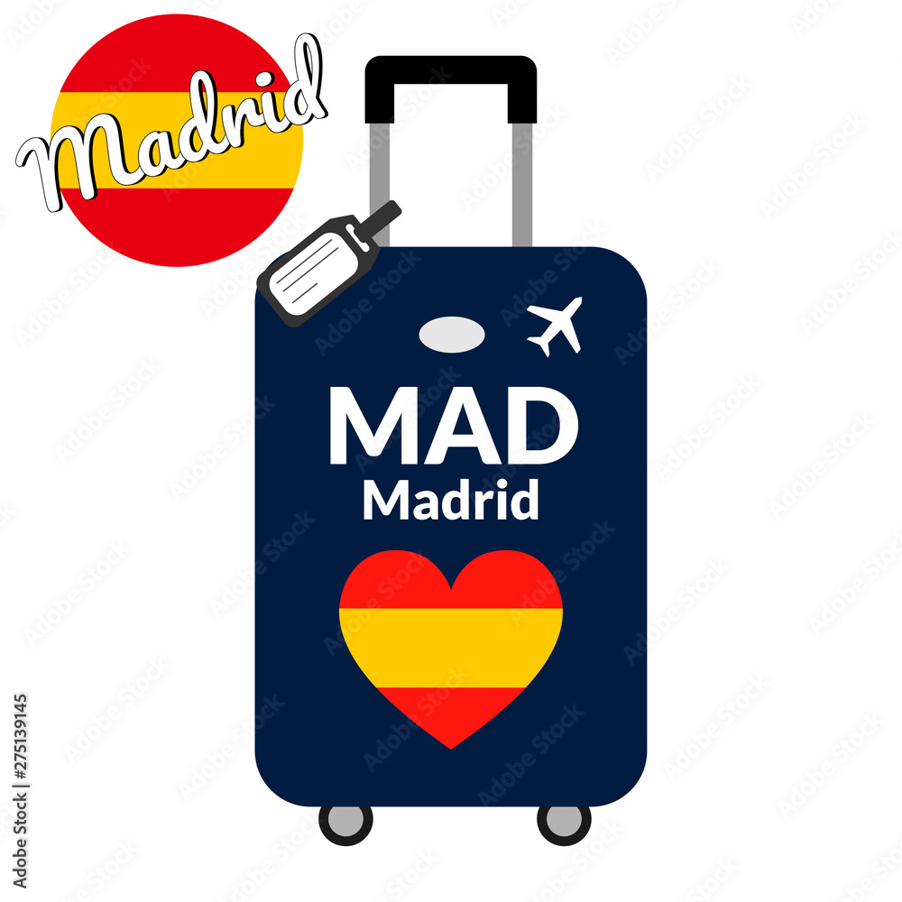 Luggage with airport station code IATA or location identifier and destination city name Madrid, MAD. Travel to Spain, Europe concept. Heart shaped flag of the Spain on baggage. Luggage with airport station code IATA or location identifier and destination city name Madrid, MAD. Travel to Spain, Europe concept. Heart shaped flag of the Spain on baggage.