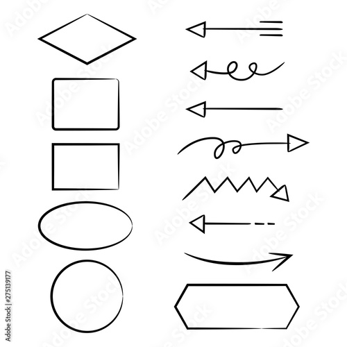 hand drawn diagram template elements, arrows, circle, oval and rectangle 