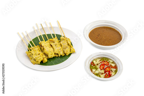 Grilled Pork Satay with Peanut Sauce and Vinegar on white background