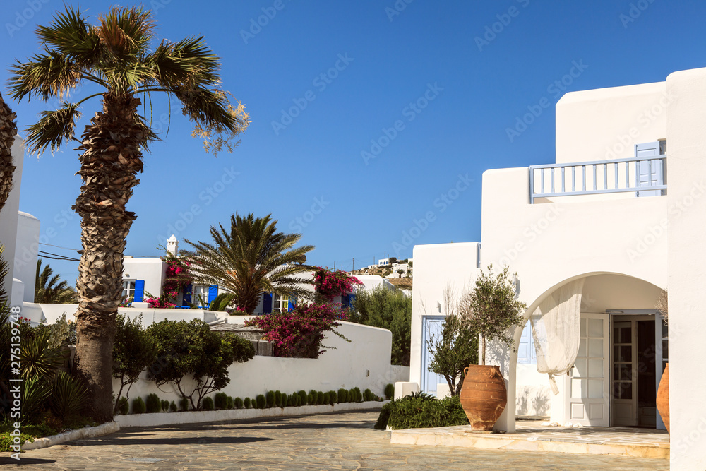 A house and palm tree on the island of Mykonos.