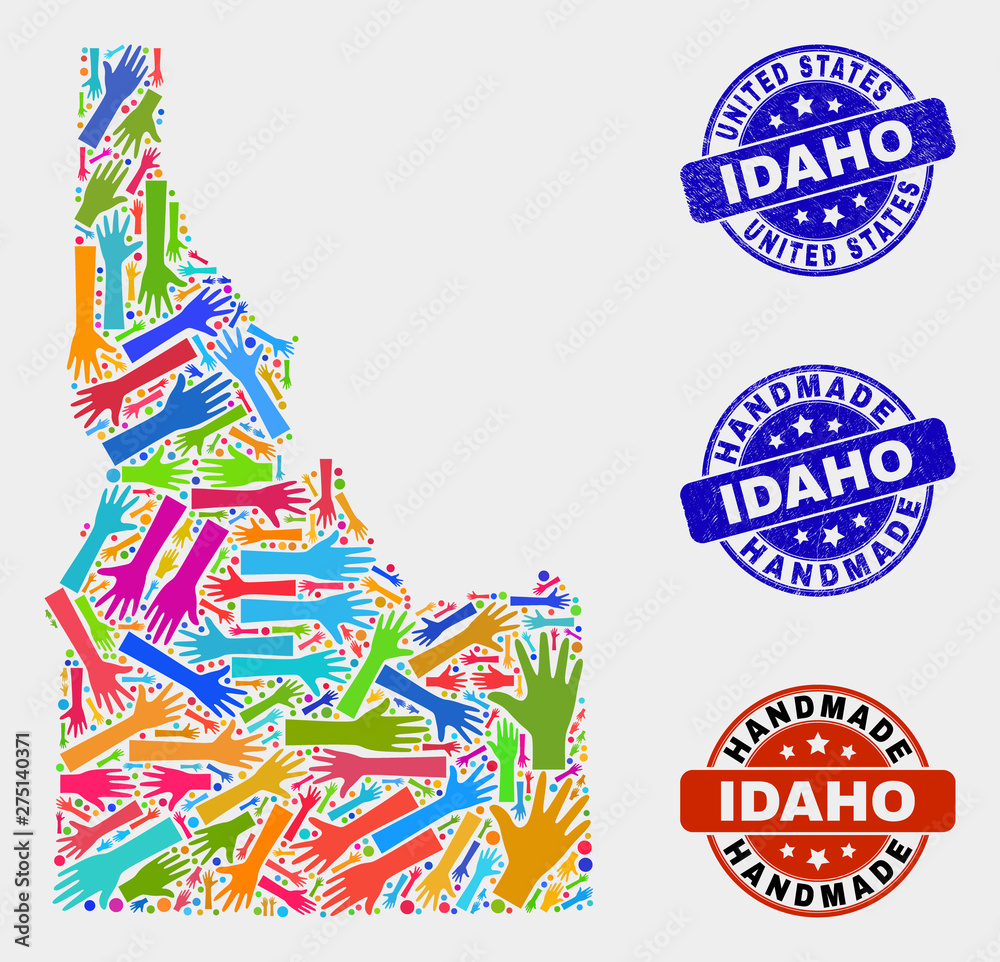 Vector handmade combination of Idaho State map and corroded stamp seals. Mosaic Idaho State map is designed of scattered bright colorful hands. Rounded stamp imprints with distress rubber texture.
