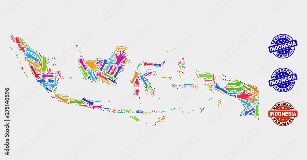 Vector handmade combination of Indonesia map and rubber watermarks. Mosaic Indonesia map is done with scattered bright colored hands. Rounded watermarks with scratched rubber texture.