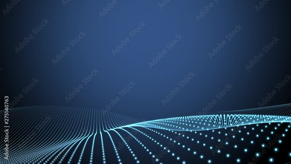 A futuristic wave of coloured blue dots changing shape against a dark blue background