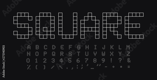 Square shapes letters and numbers set. Geometrical simple linear style vector latin alphabet. Font for events, promotions, logos, banner, monogram and poster. Typography design.