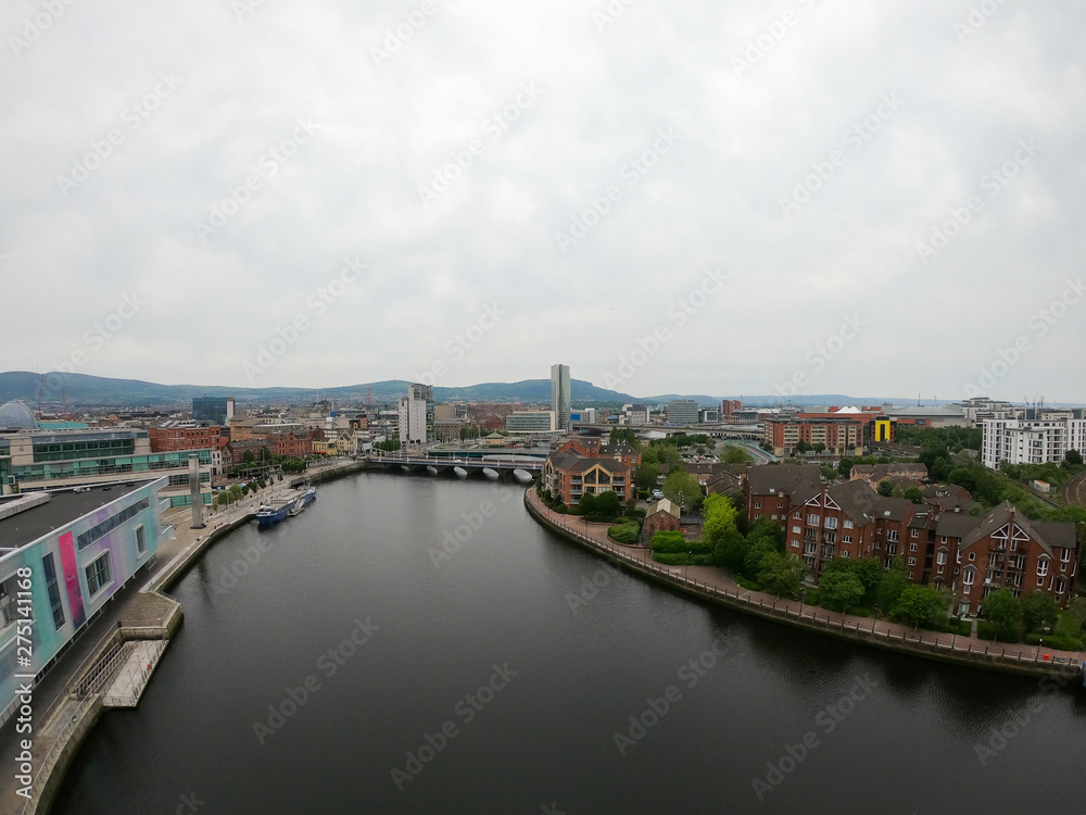 aerial view on river and bridge in belfast northern ireland. beautiful landscape by city view from above aerial view on river and bridge in belfast northern ireland. beautiful landscape by city view from above