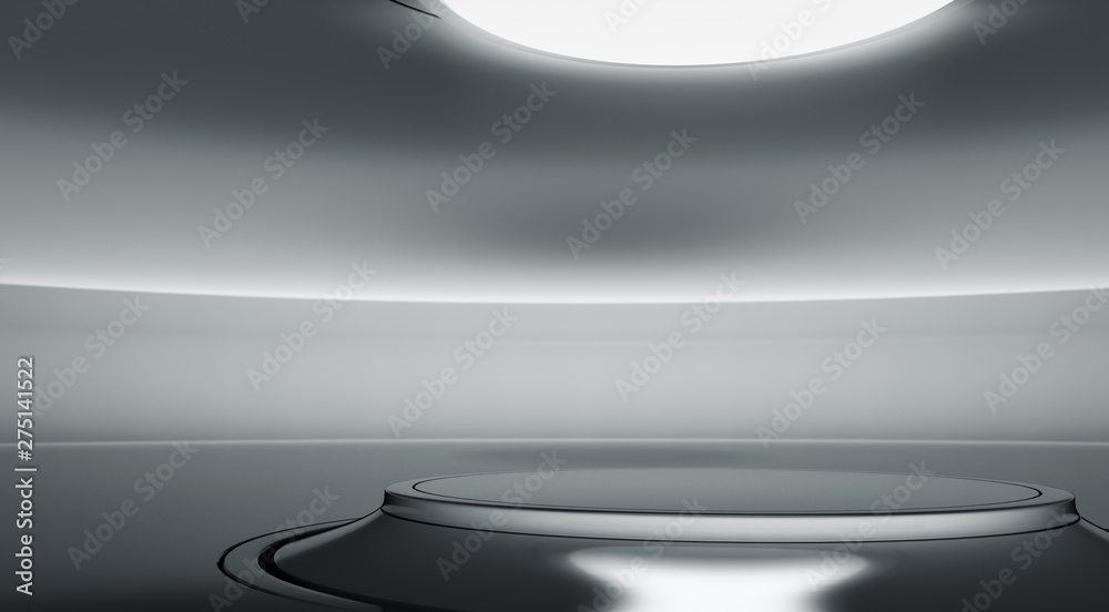 Abstract modern interior showroom. Podium for product display. Curved stage design futuristic background. 3d render.