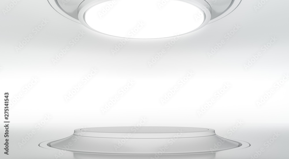 Abstract modern white interior showroom. Podium for product display. Curved stage design futuristic background. 3d render. Abstract modern white interior showroom. Podium for product display. Curved stage design futuristic background. 3d render.
