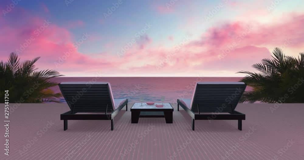 Two wooden loungers on terrace with ocean view and redsky Two wooden loungers on terrace with ocean view and redsky