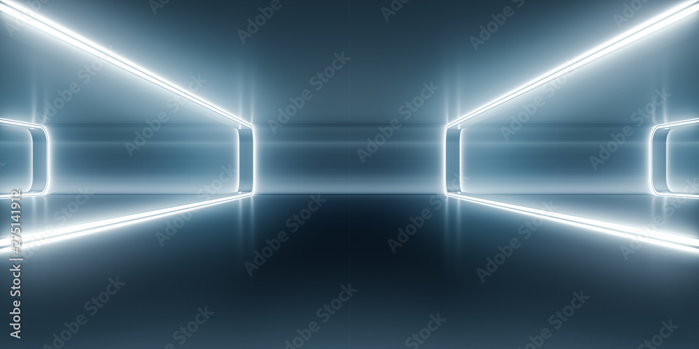 Futuristic empty space corridor with glow light and reflection. Abstract background sci-fi or science concept. 3D Render. Futuristic empty space corridor with glow light and reflection. Abstract background sci-fi or science concept. 3D Render.