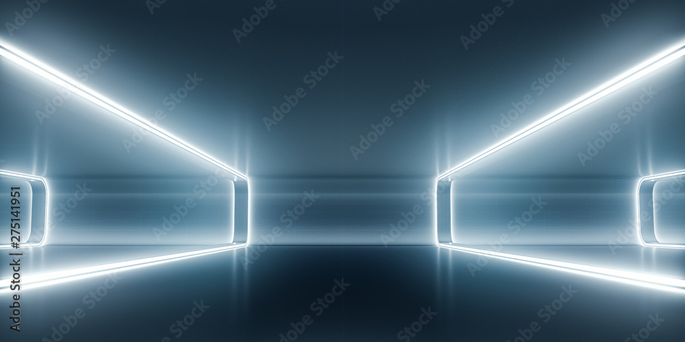 Futuristic empty space corridor with glow light and reflection. Abstract background sci-fi or science concept. 3D Render.