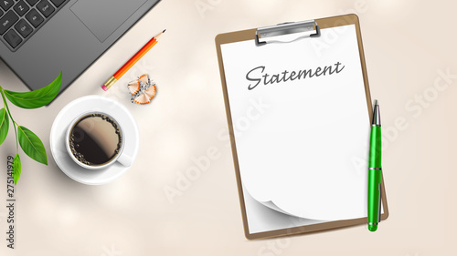 Blank Statement On Workplace With Supplies Vector. Statement On List Of Paper And Tablet, Laptop Near Branch, Cup Coffee, Pencil With Eraser And Sharpening Shavings. Copy Space Top View Illustration