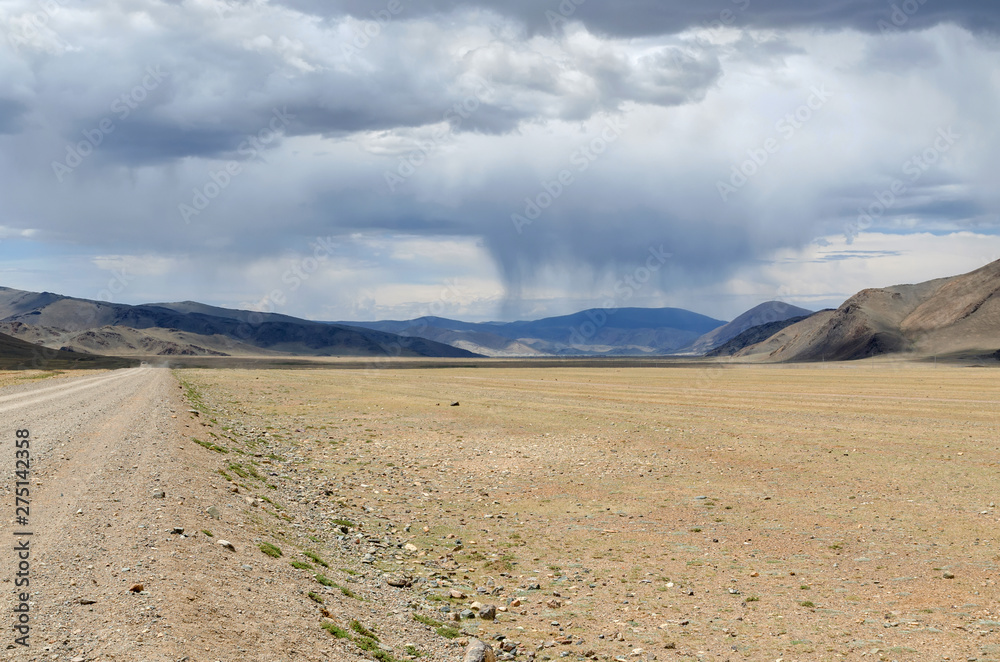 Western Mongolia steppe landscape. Dirt road and rain ahead. Outskirts Tsagaannuur, Bayan-Ulgii Province, Mongolia.