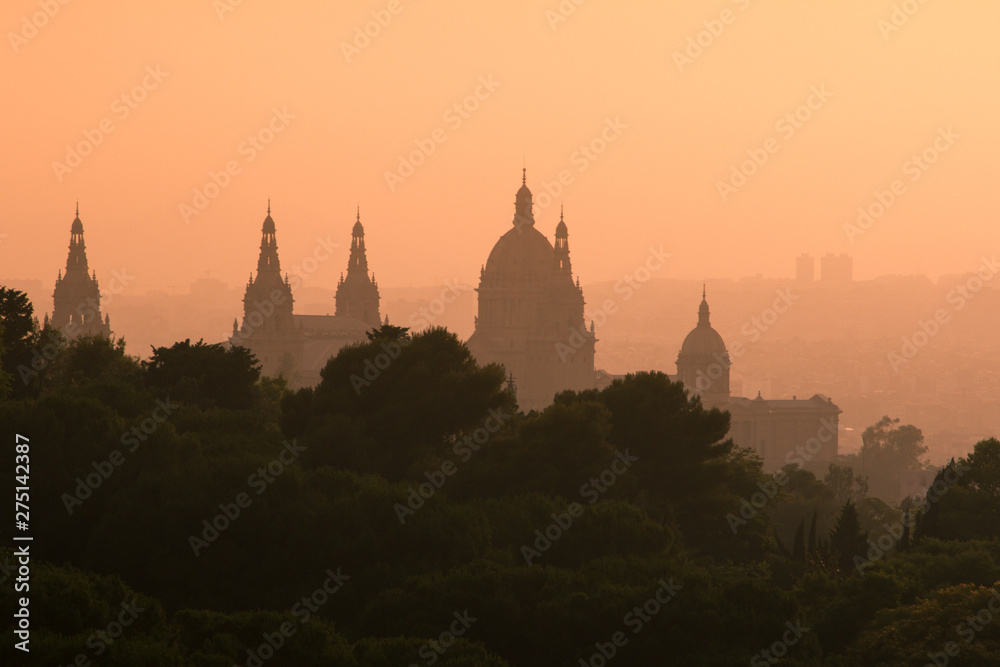 Silhouette of the National Museum in Barcelona in haze Barcelona, Spain