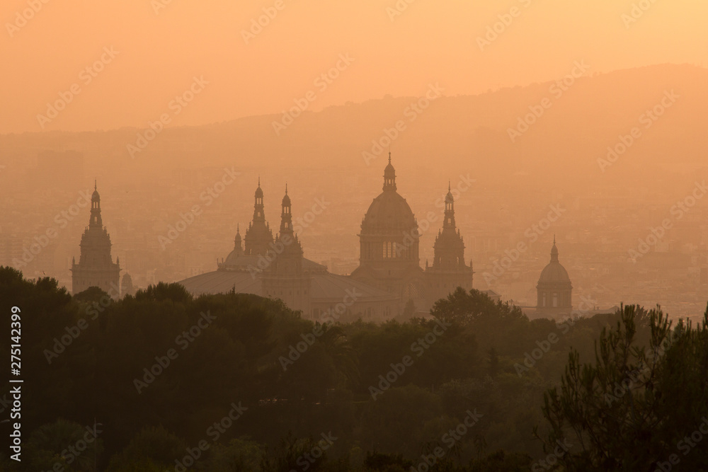 Fototapeta premium Silhouette of the National Museum in Barcelona in haze Barcelona, Spain