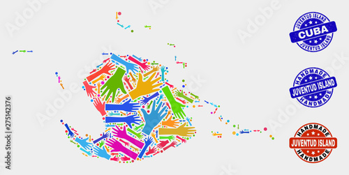 Vector handmade combination of Juventud Island map and rubber watermarks. Mosaic Juventud Island map is created of randomized bright colorful hands. Rounded watermarks with scratched rubber texture.