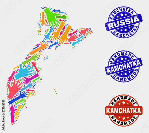 Vector handmade composition of Kamchatka map and grunge watermarks. Mosaic Kamchatka map is designed with randomized bright colored hands. Rounded watermarks with corroded rubber texture.