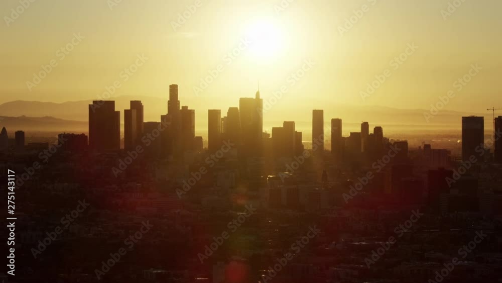 Aerial dawn view sunrise over LA city skyline Aerial dawn view sunrise over LA city skyline