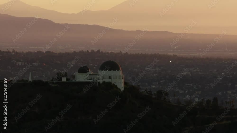 Aerial sunrise view Griffith Park observatory Los Angeles