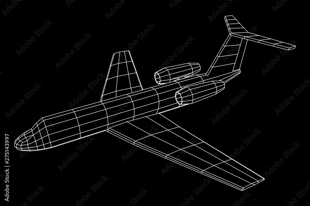 Private Jet Plane Abstract polygonal wireframe business luxury twin engine airplane. Travel aircraft, tourism and vacation concept. Wireframe low poly mesh vector illustration