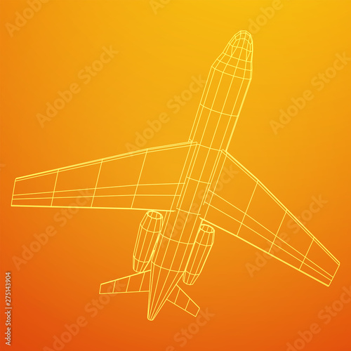 Private Jet Plane Abstract polygonal wireframe business luxury twin engine airplane. Travel aircraft, tourism and vacation concept. Wireframe low poly mesh vector illustration photo