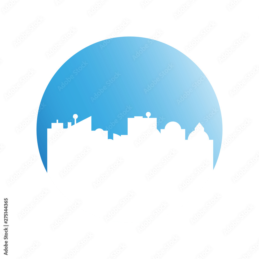 city tower building in blue circle background