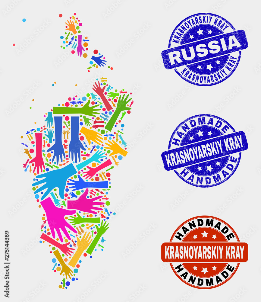 Vector handmade composition of Krasnoyarskiy Kray map and grunge seals. Mosaic Krasnoyarskiy Kray map is composed of random bright colored hands. Rounded seals with grunge rubber texture.