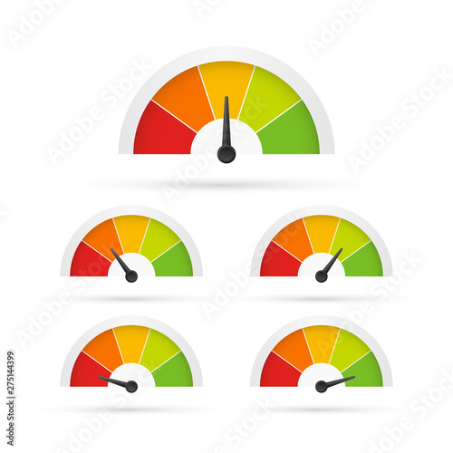 Rating customer satisfaction meter. Different emotions art design from red to green. Abstract concept graphic element of tachometer, speedometer, indicators, score. Vector stock illustration.