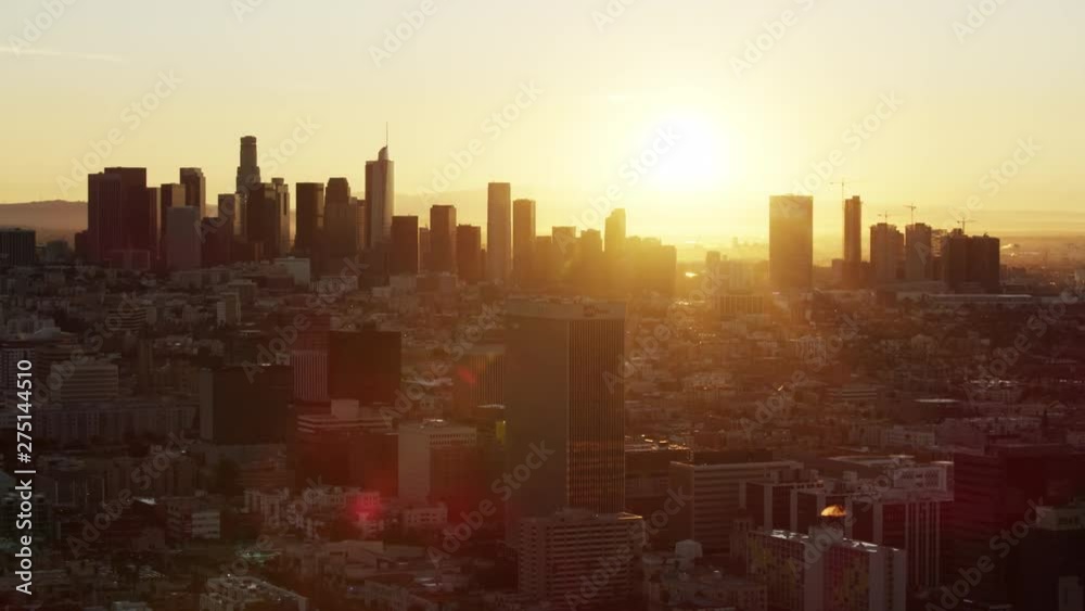 Aerial sunrise view downtown LA buildings and skyscrapers Aerial sunrise view downtown LA buildings and skyscrapers