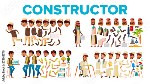 Character Male Constructor Body Detail Set Vector. Collection Of Angry And Happy Young Man, Little Boy And Arab Person Element Constructor. Head With Hat, Leg And Hand. Flat Cartoon Illustration