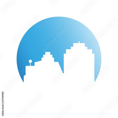 city tower building in blue circle background