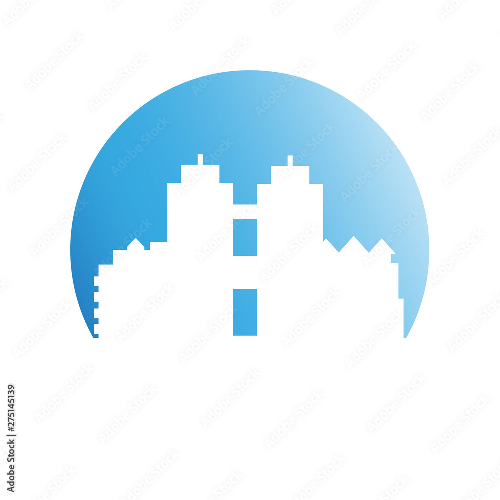 city tower building in blue circle background