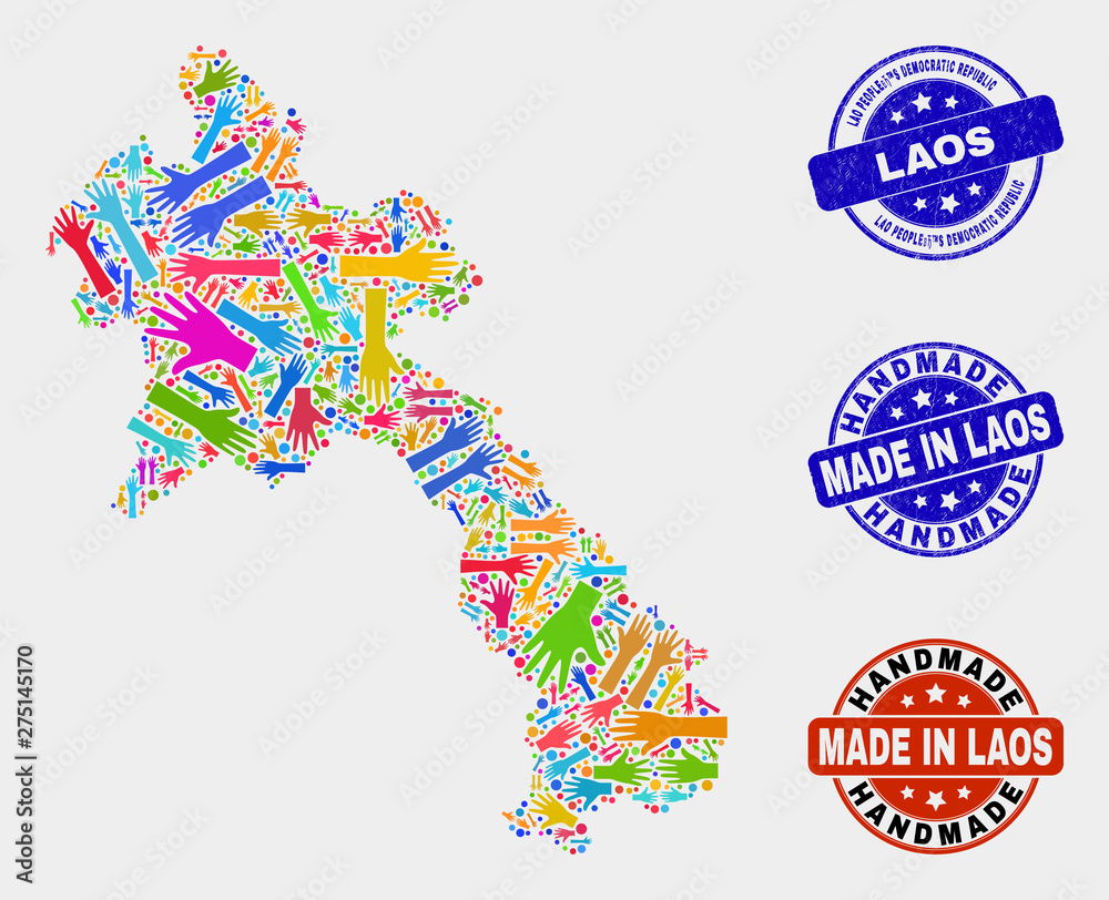 Vector handmade collage of Laos map and unclean stamp seals. Mosaic Laos map is composed with random bright colorful hands. Rounded seals with grunge rubber texture. Vector handmade collage of Laos map and unclean stamp seals. Mosaic Laos map is composed with random bright colorful hands. Rounded seals with grunge rubber texture.