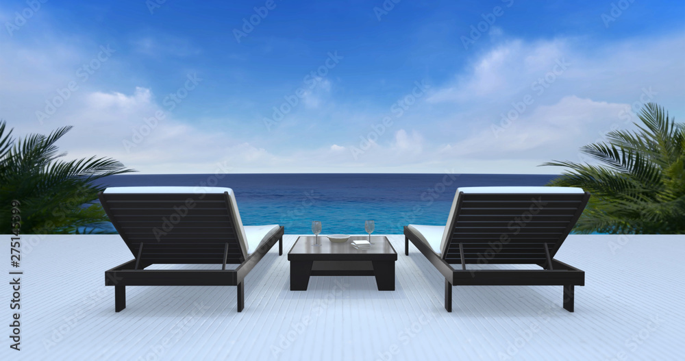 Fototapeta premium Two wooden loungers on terrace with ocean view and blue sky