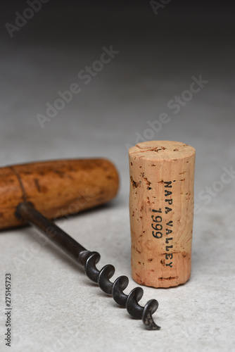 Dated Wine Cork with Cork Screw still life with copy space
