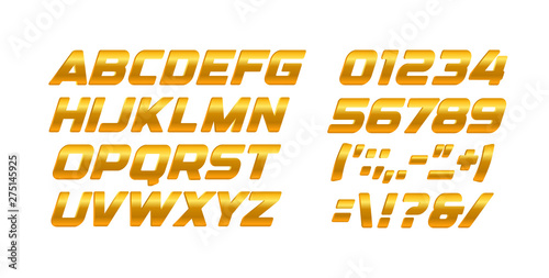Gold letters and numbers set. Golden gradient style vector latin alphabet. Italic bold typography design.
