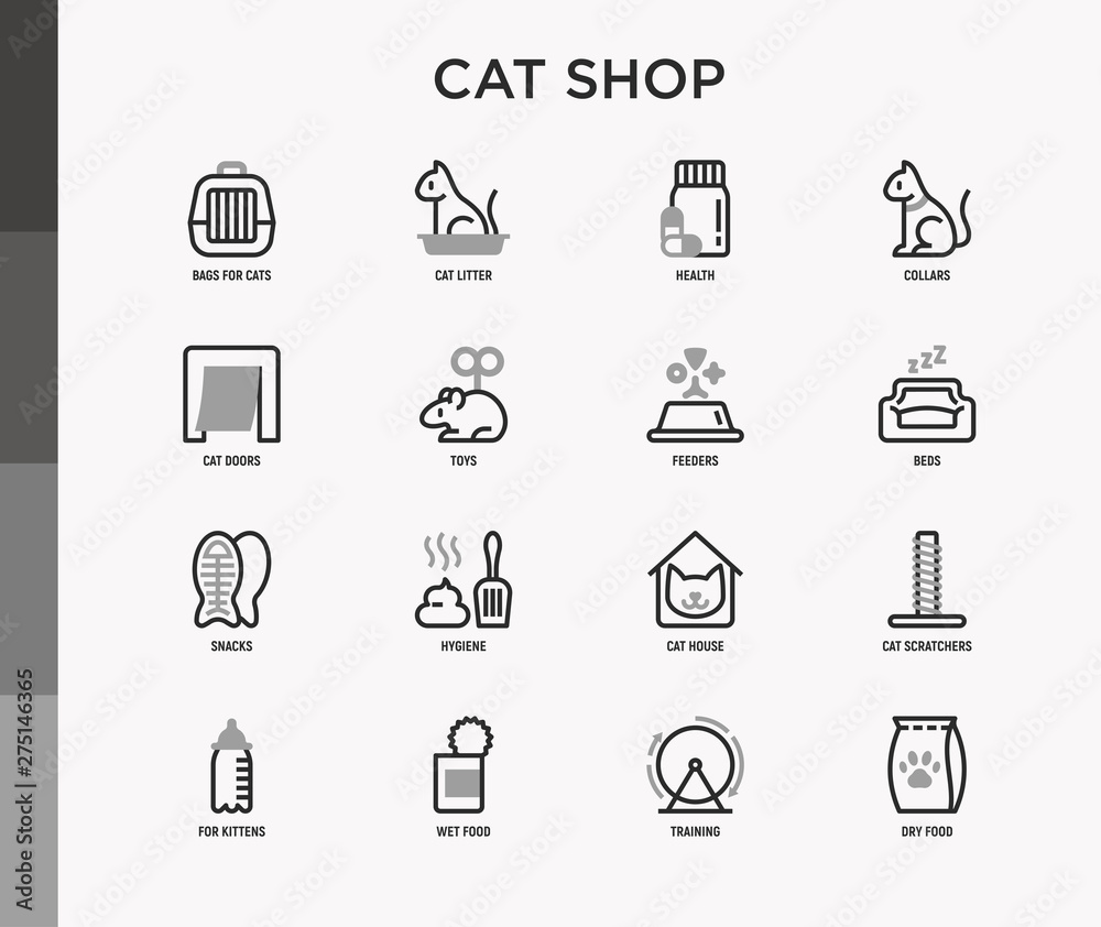 Cat shop thin line icons set: bags for transportation, hygiene, collars, doors, toys, feeders, scratchers, litter, shack, training. Modern vector illustration. Cat shop thin line icons set: bags for transportation, hygiene, collars, doors, toys, feeders, scratchers, litter, shack, training. Modern vector illustration.