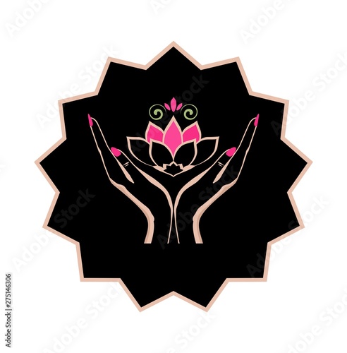 Black label with beautiful logo design for spa salon with female hands silhouette holding a pink lotus flower