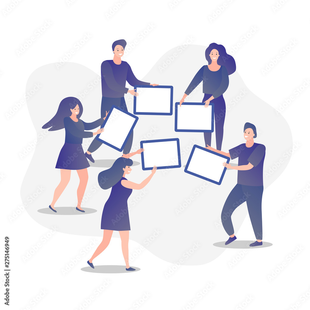 Fototapeta premium Illustration of men and women holding board cards. Symbol of teamwork, cooperatio and partnership, business metaphor.