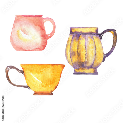 Set of teacups or coffeecups isolated on white background. Hand drawn watercolor illustration. photo