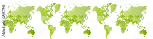 Big green world map. Expanded Planet Earth. Globe scan. Southern and Northern Hemisphere on one map. Wide isolated vector illustration on white background.