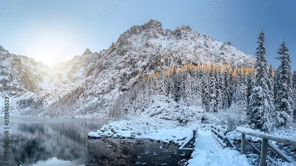 Scenery Winter Mountains Amazing Snowy Rocks And Icy Lake Beautiful View On High Mountain Covered By Snow Frosty Nature Stock Photo Adobe Stock