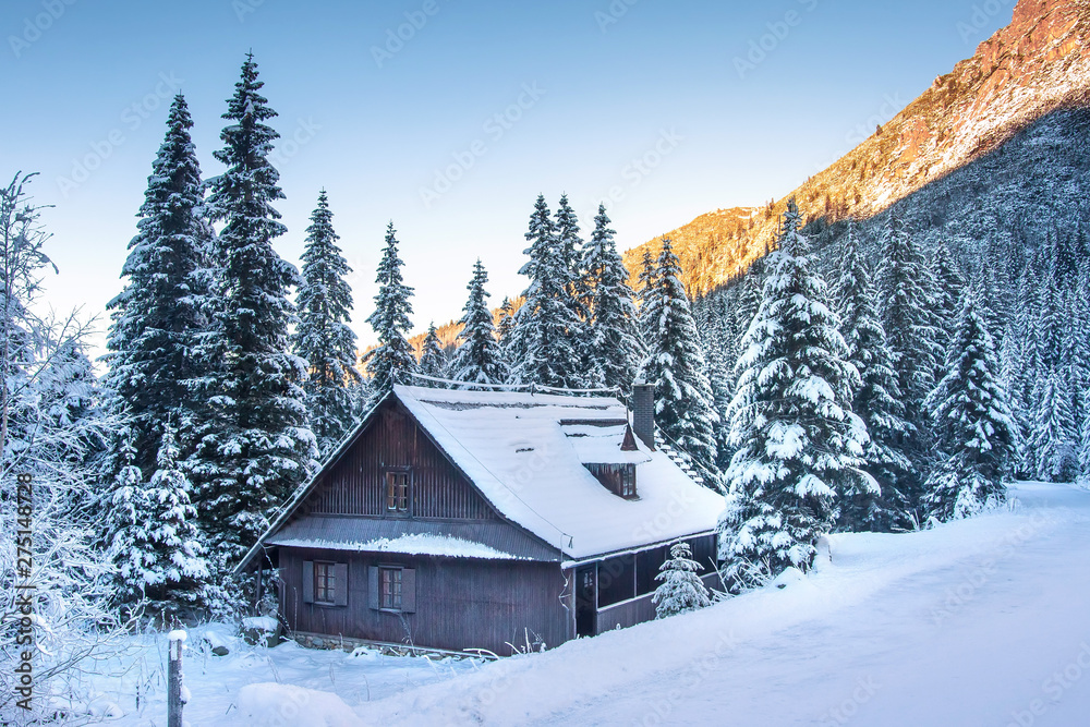 Winter. Christmas background. Frosty mountain landscape. Beautiful winter scene with wooden house in Tatra mountains