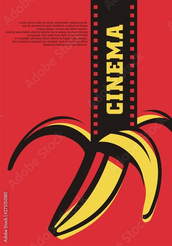 Open air cinema artistic concept for movie festival with film strip and banana. Pop art style flyer design. Vector illustration.